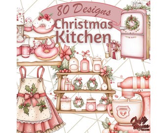 Christmas Cottagecore Kitchen Clipart, Cozy Holiday PNG, Floral Christmas Cookware, Vintage Kitchen Decor, Rustic Baking Elements