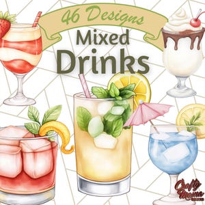K&ouml;nnte beinhalten: Aquarellillustration von sechs Mixgetr&auml;nken, darunter ein geschichteter Erdbeer-Cocktail, ein cremiges Dessertgetr&auml;nk mit Schokolade und einer Kirsche sowie ein Mojito. Das Bild enth&auml;lt den Text "46 Designs Mixed Drinks".