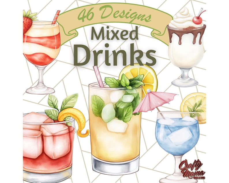 K&ouml;nnte beinhalten: Aquarellillustration von sechs Mixgetr&auml;nken, darunter ein geschichteter Erdbeer-Cocktail, ein cremiges Dessertgetr&auml;nk mit Schokolade und einer Kirsche sowie ein Mojito. Das Bild enth&auml;lt den Text "46 Designs Mixed Drinks".