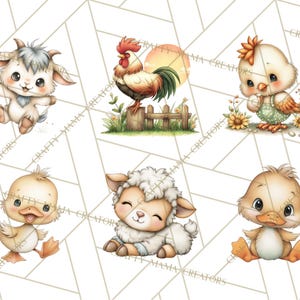 May include: Watercolor illustrations of farm animals, including a goat, rooster, chick, duck, and lamb. The rooster stands on a fence with a sunset background. The animals are depicted in a cute, cartoon style.