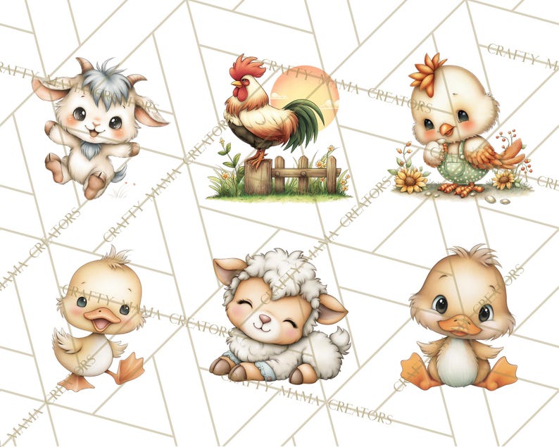 May include: Watercolor illustrations of farm animals, including a goat, rooster, chick, duck, and lamb. The rooster stands on a fence with a sunset background. The animals are depicted in a cute, cartoon style.