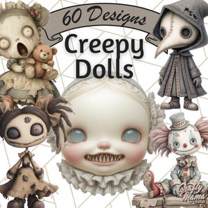Creepy Dolls Clipart 60 PNG Files, Haunted Toy Characters, Spooky Doll Illustrations, Halloween Digital Art for Crafts and Decor