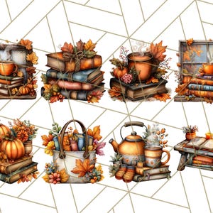 May include: Watercolor illustrations of autumn-themed items. The images include stacks of books, pumpkins, mugs of coffee or tea, fall leaves, and a window scene. The color palette features warm oranges, browns, and yellows, evoking a cozy, seasonal atmosphere.