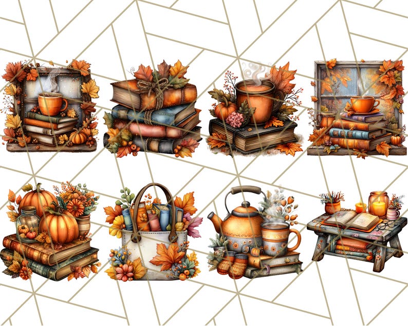 May include: Watercolor illustrations of autumn-themed items. The images include stacks of books, pumpkins, mugs of coffee or tea, fall leaves, and a window scene. The color palette features warm oranges, browns, and yellows, evoking a cozy, seasonal atmosphere.