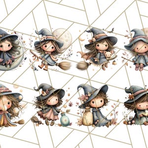 May include: A collection of eight watercolor illustrations of cute witches. Each witch is depicted with a whimsical design, wearing a pointed hat and holding a broom or potion. The color palette includes blues, browns, and pinks, with a white background.