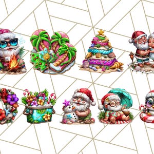 Op de afbeelding: Een verzameling grillige illustraties met kerstthema. Kerstmanfiguren worden afgebeeld in tropische omgevingen, met elementen als een kampvuur, slippers, een kerstboom van zand en een pingu&iuml;n in een zwemband. Het kleurenpalet omvat levendig rood, groen en blauw.