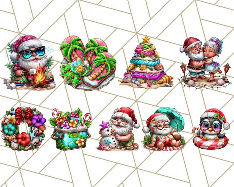 Op de afbeelding: Een verzameling grillige illustraties met kerstthema. Kerstmanfiguren worden afgebeeld in tropische omgevingen, met elementen als een kampvuur, slippers, een kerstboom van zand en een pingu&iuml;n in een zwemband. Het kleurenpalet omvat levendig rood, groen en blauw.