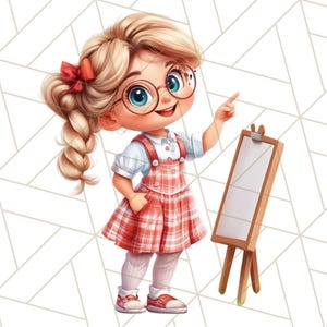 May include: A young girl with blonde hair and red glasses points to a blank wooden easel. She is wearing a red and white plaid dress and a white shirt.
