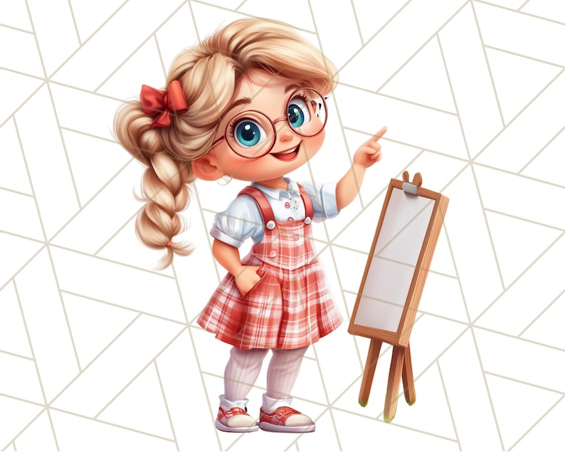 May include: A young girl with blonde hair and red glasses points to a blank wooden easel. She is wearing a red and white plaid dress and a white shirt.