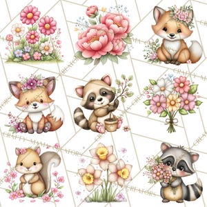 May include: A collection of watercolour illustrations featuring woodland creatures and flowers. The image includes a fox, raccoon, and squirrel, each decorated with floral elements. Various flower arrangements, such as daisies, peonies, and daffodils, are shown in soft pastel colours.
