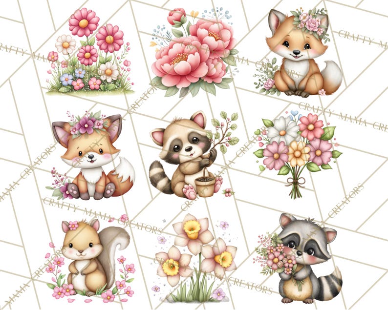 May include: A collection of watercolour illustrations featuring woodland creatures and flowers. The image includes a fox, raccoon, and squirrel, each decorated with floral elements. Various flower arrangements, such as daisies, peonies, and daffodils, are shown in soft pastel colours.