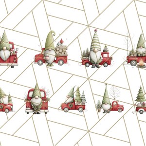 May include: A collection of watercolor illustrations featuring red trucks and gnomes with long white beards and tall green hats. The trucks are decorated with Christmas trees, firewood, and other festive items, set against a geometric white background.