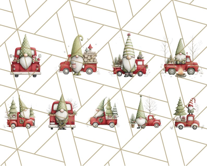 May include: A collection of watercolor illustrations featuring red trucks and gnomes with long white beards and tall green hats. The trucks are decorated with Christmas trees, firewood, and other festive items, set against a geometric white background.