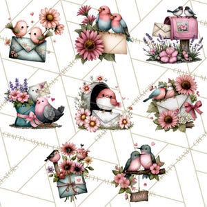 May include: Watercolor illustrations of birds with flowers and envelopes. The birds are in pairs, perched on envelopes, in a mailbox, and on a branch. The color palette includes pink, blue, and green, with floral accents and the word "Love" on a small sign.