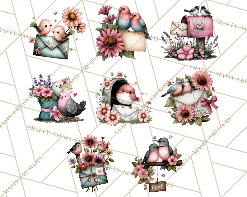 May include: Watercolor illustrations of birds with flowers and envelopes. The birds are in pairs, perched on envelopes, in a mailbox, and on a branch. The color palette includes pink, blue, and green, with floral accents and the word "Love" on a small sign.
