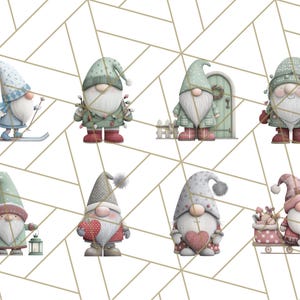 May include: A collection of eight whimsical gnome illustrations. Each gnome is depicted with a long white beard, a pointed hat, and various outfits. Some gnomes are holding objects like skis, a lantern, or a heart. The color palette includes soft greens, reds, and blues.