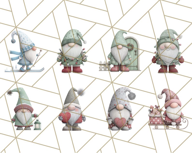 May include: A collection of eight whimsical gnome illustrations. Each gnome is depicted with a long white beard, a pointed hat, and various outfits. Some gnomes are holding objects like skis, a lantern, or a heart. The color palette includes soft greens, reds, and blues.