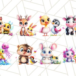 May include: A set of 10 adorable cartoon animal illustrations featuring a squirrel, deer, duck, penguin, cow, bee, turtle, hedgehog, mouse, and axolotl. Each animal is depicted in a cute and whimsical style with bright colors and playful details.