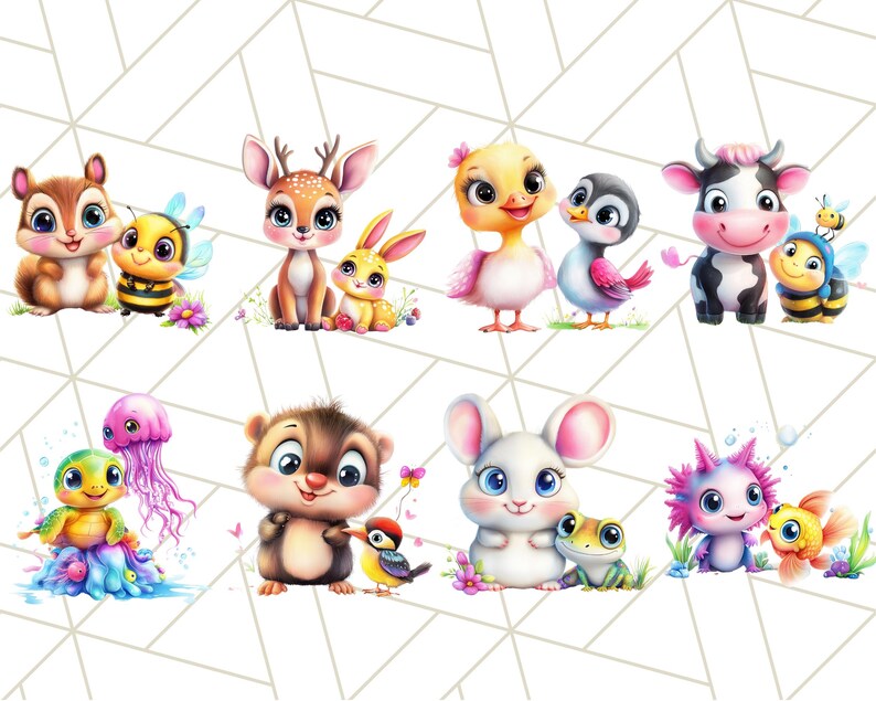 May include: A set of 10 adorable cartoon animal illustrations featuring a squirrel, deer, duck, penguin, cow, bee, turtle, hedgehog, mouse, and axolotl. Each animal is depicted in a cute and whimsical style with bright colors and playful details.