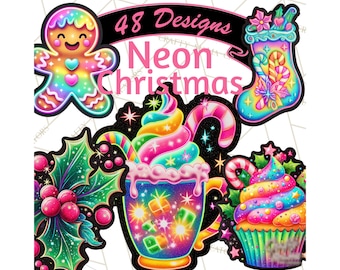 May include: A vibrant digital illustration featuring a gingerbread man, Christmas stocking, holly, and a cupcake, all in neon colors. The image includes the text "48 Designs Neon Christmas".
