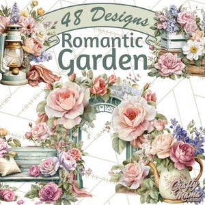 May include: A digital illustration featuring a romantic garden theme. The image showcases various floral arrangements, including roses and other flowers, along with garden elements like a lantern, bench, and archway. Text reads "48 Designs Romantic Garden."