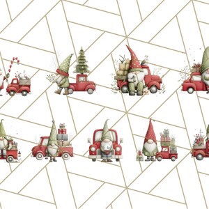 May include: A collection of watercolor illustrations featuring Christmas gnomes and red pickup trucks. The gnomes wear pointed hats and carry gifts, candy canes, and Christmas trees. The background has a geometric pattern.