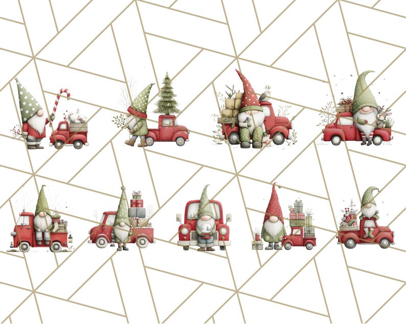 May include: A collection of watercolor illustrations featuring Christmas gnomes and red pickup trucks. The gnomes wear pointed hats and carry gifts, candy canes, and Christmas trees. The background has a geometric pattern.