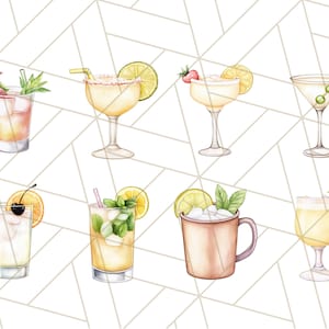 K&ouml;nnte beinhalten: Aquarellillustration von acht verschiedenen Cocktails, jeweils in einem einzigartigen Glas. Zu den Getr&auml;nken geh&ouml;ren Margaritas, Martinis und Highballs, garniert mit Fr&uuml;chten, Kr&auml;utern und Strohhalmen. Der Hintergrund ist ein wei&szlig;es geometrisches Muster.