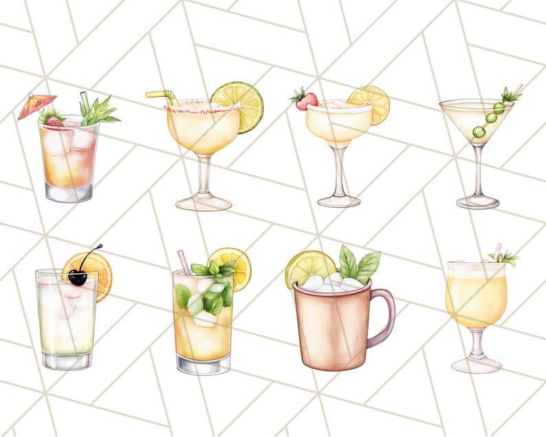 K&ouml;nnte beinhalten: Aquarellillustration von acht verschiedenen Cocktails, jeweils in einem einzigartigen Glas. Zu den Getr&auml;nken geh&ouml;ren Margaritas, Martinis und Highballs, garniert mit Fr&uuml;chten, Kr&auml;utern und Strohhalmen. Der Hintergrund ist ein wei&szlig;es geometrisches Muster.