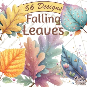 Puede incluir: Ilustración en acuarela con hojas de otoño coloridas en tonos amarillos, naranjas, rosas, morados y azules. El texto "56 Designs Falling Leaves" se muestra encima de las hojas. La imagen tiene un estilo suave y artístico.
