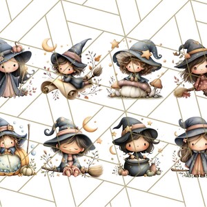 May include: Watercolor illustrations of eight adorable witches in various poses. Each witch wears a pointed hat and is surrounded by autumn-themed elements like pumpkins, moons, and stars. The witches are depicted with charming details and soft color palettes.