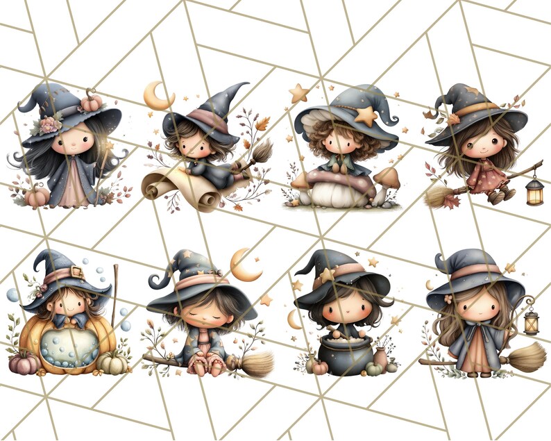 May include: Watercolor illustrations of eight adorable witches in various poses. Each witch wears a pointed hat and is surrounded by autumn-themed elements like pumpkins, moons, and stars. The witches are depicted with charming details and soft color palettes.