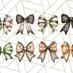 May include: A collection of eight decorative Halloween-themed bows. The bows feature various designs, including stripes, spiderwebs, and bats. Colors include black, orange, green, and purple. Each bow has a stitched appearance.