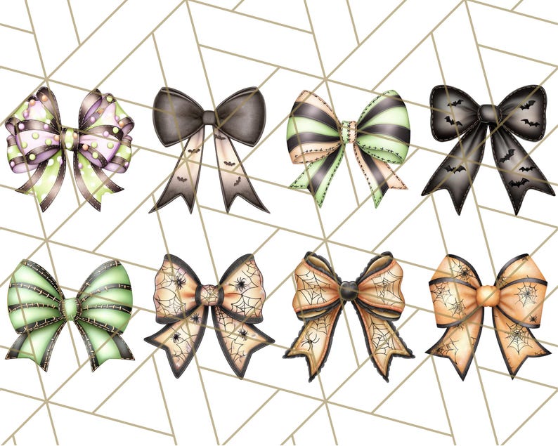 May include: A collection of eight decorative Halloween-themed bows. The bows feature various designs, including stripes, spiderwebs, and bats. Colors include black, orange, green, and purple. Each bow has a stitched appearance.