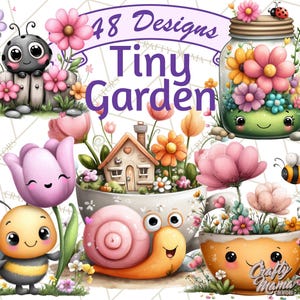 May include: A whimsical illustration featuring a variety of tiny garden designs. The image includes a ladybug, a jar filled with flowers, a house, a snail, and a bee. The text "48 Designs Tiny Garden" is displayed across the top.