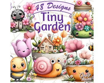 48 Png, Spring Mini World Clipart, Cute Kawaii Garden Scenes PNG, Tiny Flowers Animals Printable