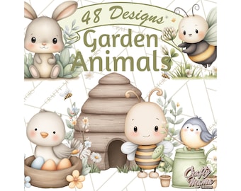 48 Png, Garden Animals Clipart PNG for Spring Planners and Stickers, Cute Rabbits Birds Butterflies Bees, Printable Clip Art