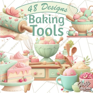 48 Png, Vintage Baking Tools Clipart, Rolling Pins Whisks Mixing Bowls Cake Stands, Pastries Measuring Cups, Kitchen Still Life, PNG