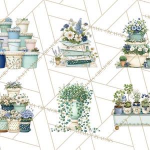 May include: A collection of watercolor illustrations featuring potted plants and flowers. The images showcase various arrangements of blue, white, and green floral designs in decorative pots and containers. The style is reminiscent of a vintage botanical illustration.