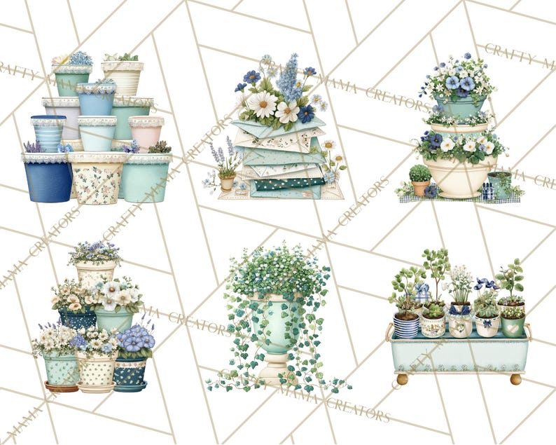 May include: A collection of watercolor illustrations featuring potted plants and flowers. The images showcase various arrangements of blue, white, and green floral designs in decorative pots and containers. The style is reminiscent of a vintage botanical illustration.