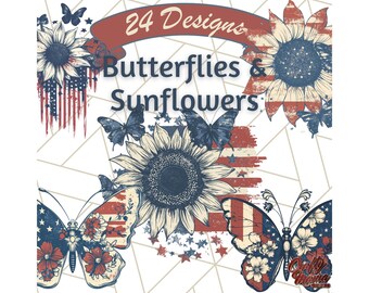 Fourth of July Butterfly and Sunflower Clipart, Patriotic American Flag PNG, Vintage Distressed USA Art, Independence Day, 4th Of July Png