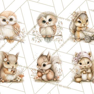 Puede incluir: Ilustraciones en acuarela de criaturas del bosque, incluyendo b&uacute;hos y ardillas. Los b&uacute;hos est&aacute;n posados en ramas, mientras que las ardillas sostienen bellotas o usan una carretilla. Colores suaves y detalles florales para un dise&ntilde;o caprichoso y natural.