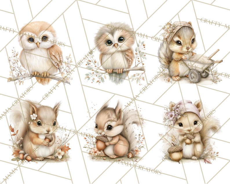 Puede incluir: Ilustraciones en acuarela de criaturas del bosque, incluyendo b&uacute;hos y ardillas. Los b&uacute;hos est&aacute;n posados en ramas, mientras que las ardillas sostienen bellotas o usan una carretilla. Colores suaves y detalles florales para un dise&ntilde;o caprichoso y natural.