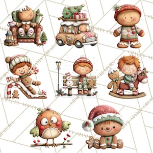 K&ouml;nnte beinhalten: Eine Sammlung skurriler Weihnachtsbildillustrationen mit Lebkuchenfiguren. Die Bilder zeigen eine Lebkuchenfigur in einem Sessel, ein Lebkuchenauto mit Geschenken und Lebkuchenfiguren, die spielen und die Winterzeit genie&szlig;en. Die Farbpalette ist warm und festlich.