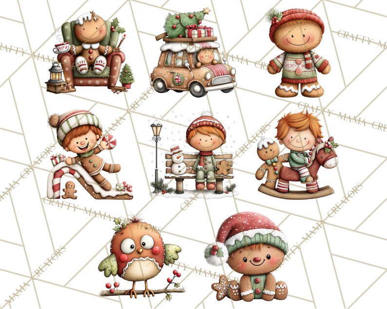 K&ouml;nnte beinhalten: Eine Sammlung skurriler Weihnachtsbildillustrationen mit Lebkuchenfiguren. Die Bilder zeigen eine Lebkuchenfigur in einem Sessel, ein Lebkuchenauto mit Geschenken und Lebkuchenfiguren, die spielen und die Winterzeit genie&szlig;en. Die Farbpalette ist warm und festlich.