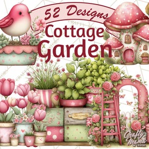 May include: Watercolor illustration featuring a whimsical cottage garden theme. The image includes a pink bird, mushroom houses, potted plants, tulips, and a pink archway with a ladder. Text reads "52 Designs Cottage Garden".