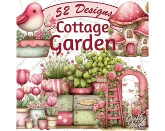 52 Png, Cozy Cottage Garden Clipart, Pastel Flowers, Garden Tools, Potted Herbs, Mushrooms, Snails, Butterflies, Cottagecore PNG