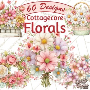May include: Watercolor illustration featuring a collection of floral designs in a cottagecore style. The image includes bouquets, a basket of daisies, and a wooden crate filled with flowers. Text reads "60 Designs Cottagecore Florals."