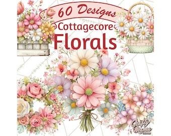 60 Png, Spring Cottagecore Florals Clipart, Wildflower Bouquets Wreaths PNG, Rustic Floral Clip Art, Vintage Botanical Printable