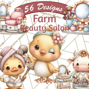May include: Digital illustration featuring a collection of farm animal characters in a beauty salon theme. The image includes a chick, a cow, and other beauty-related items. Text reads "56 Designs Farm Beauty Salon".